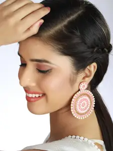 Sangria Pink & White Beads & Stone Studded Contemporary Drop Earrings