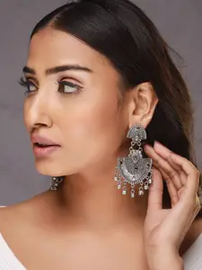 Sangria Silver-Plated Red & Green Kundan Ghungroo Oxidised Drop Earring