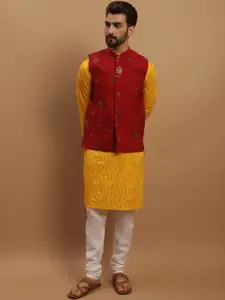 SOJANYA Embroidered Sequinned Pure Cotton Kurta with Churidar & Embellished Nehru Jacket
