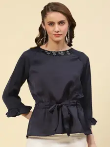 Monte Carlo Bell Sleeves Embellished Cinched Waist Top