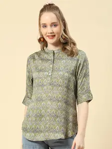 Monte Carlo Green Floral Print Mandarin Collar Roll-Up Sleeves Shirt Style Top