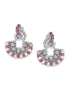 Infuzze Silver-Plated Artificial Stones Peacock Shaped Drop Earrings
