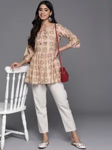 Libas Ethnic Motifs Printed Flared Sleeves Tie-Up Neck Pleated Kurti