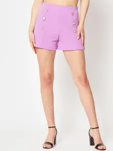 Zastraa Women Lavender High-Rise Slim Fit Shorts