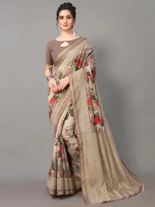 Shaily Taupe & Red Floral Printed Saree