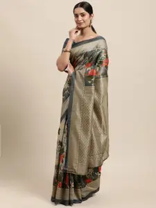 Shaily Grey & Gold-Toned Floral Printed Zari Saree