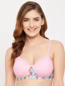 Clovia Pink & Blue Floral Printed Non-Wired All Day Comfort Lightly Padded T-Shirt Bra