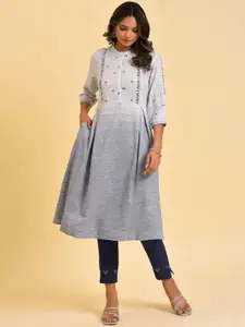 W Grey & Navy Blue Floral Embroidered Pure Cotton A-Line Kurta