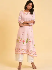 W Pink & Yellow Floral Printed Keyhole Neck Kurta