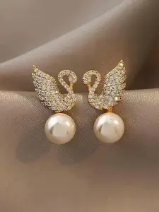 Jewels Galaxy Gold-Plated Contemporary AD Studded Swan Shaped Studs Earrings