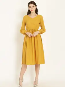 Marie Claire Mustard Yellow V-Neck Crepe Fit & Flare Dress