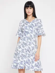 Marie Claire Off White Floral Print Bell Sleeve A-Line Dress