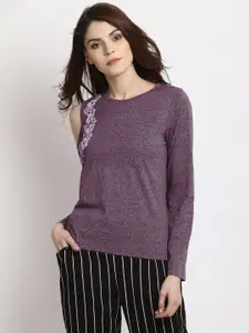 Marie Claire Purple & Grey Floral Printed Cold-Shoulder Sleeves Top