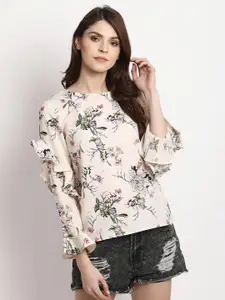 Marie Claire Beige & Black Floral Printed Flared Sleeves Ruffles Top