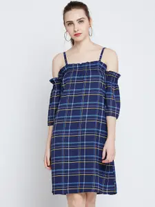 Marie Claire Navy Blue Checked Cold-Shoulder Crepe A-Line Dress