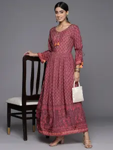 Varanga Floral Print Tie-Up Neck Cotton A-Line Maxi Dress
