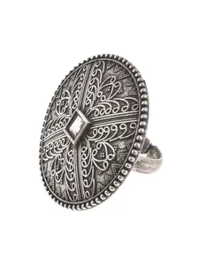 Infuzze Silver-Plated Stone-Studded Circular Oxidized Adjustable Finger Ring