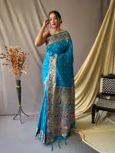 Mitera Blue & Pink Ethnic Motif Woven Design Zari Paithani Saree