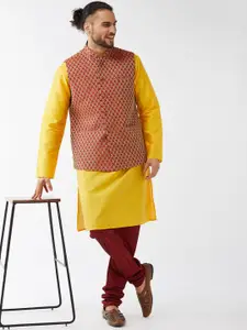 VASTRAMAY Mandarin Collar Kurta with Churidar & Woven design Nehru Jacket