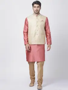 VASTRAMAY Mandarin Collar Woven Design Regular Kurta with Churidar & Woven Design Nehru Jacket