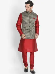 VASTRAMAY Mandarin Collar Regular Kurta With Churidar & Nehru Jacket