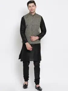 VASTRAMAY Mandarin Collar Kurta with Churidar & Woven Design Nehru Jacket