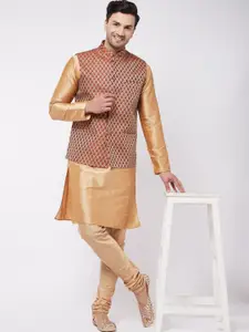 VASTRAMAY Mandarin Collar Regular Kurta With Churidar & Nehru Jacket