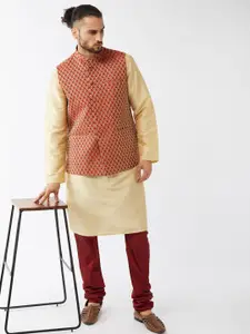 VASTRAMAY Mandarin Collar Kurta with Churidar & Woven Design Nehru Jacket