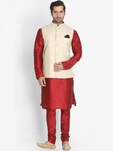VASTRAMAY Mandarin Collar Regular Kurta With Churidar & Nehru Jacket