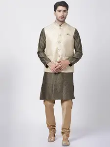 VASTRAMAY Mandarin Collar Woven Design Kurta with Churidar & Woven Design Nehru Jacket