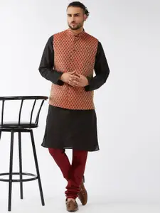VASTRAMAY Mandarin Collar Kurta with Churidar & Woven Design Nehru Jacket