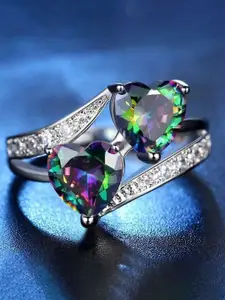 MYKI Sizzling Sterling Silver Cubic Zirconia Stone-Studded Double Heart Design Finger Ring