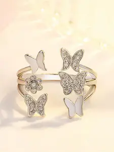 MYKI Silver-Plated CZ-Studded Adjustable Finger Ring