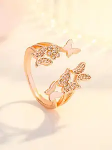MYKI Rose Women Gold-Plated & CZ Stone-Studded Butterfly Shaped Adjustable Finger Ring