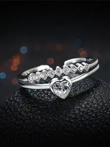 MYKI Silver-Plated CZ-Studded Heart Shape Finger Ring