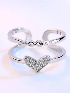 MYKI Silver-Plated Cubic Zirconia-Studded Heart Design Ring