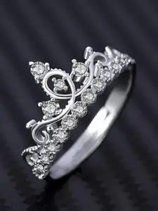 MYKI Silver-Plated & CZ Stone-Studded Crown Shaped Adjustable Finger Ring