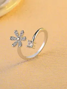 MYKI Silver-Plated Studded Alluring Flower Finger Ring