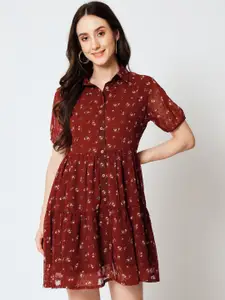 Yaadleen Floral Printed Puff Sleeve Georgette Fit & Flare Dress