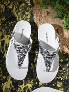 DressBerry Women White & Black Embellished Open Toe Flats