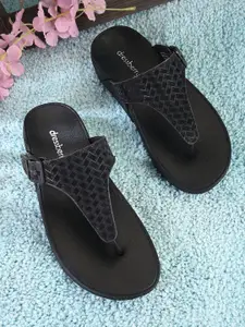 DressBerry Women Black Textured Open Toe Flats With Buckle Detail