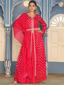Jaipur Kurti Red Leheriya Printed Mirror Work Kurta With Skirt & Dupatta