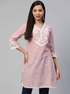 Nayam By Lakshita Women Plus Size Floral Embroidered Pure Cotton Straight Kurti
