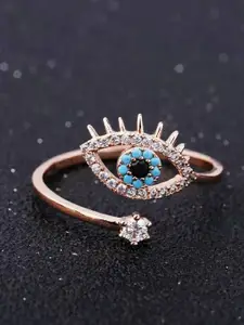 Fashion Frill Rose Gold-Plated Cubic Zirconia Studded Evil Eye Adjustable Finger Ring