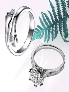 UNIVERSITY TRENDZ Set Of 2 Silver-Plated Crystal Studded Finger Rings