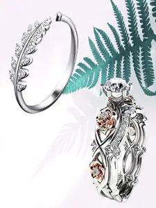 UNIVERSITY TRENDZ Set Of 2 Silver-Plated Crystal-Studded Adjustable Finger Rings