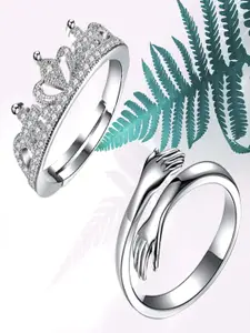 UNIVERSITY TRENDZ Set Of 2 Silver-Plated CZ-Studded Adjustable Finger Ring
