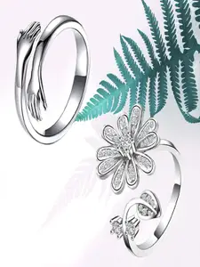 UNIVERSITY TRENDZ Set Of 2 Silver-Plated Crystal-Studded Adjustable Finger Ring