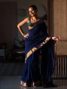 Suta Blue & Gold-Toned Zari Saree
