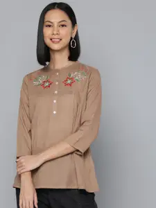 HERE&NOW Floral Embroidered Mandarin Collar Kurti